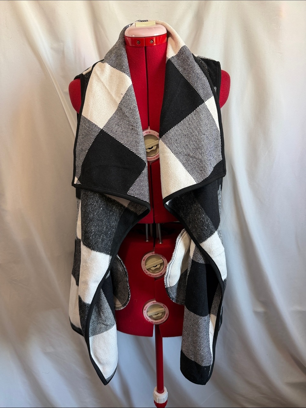 Black and White Plaid Draped Open-Front Vest - Women Jackets & Coats